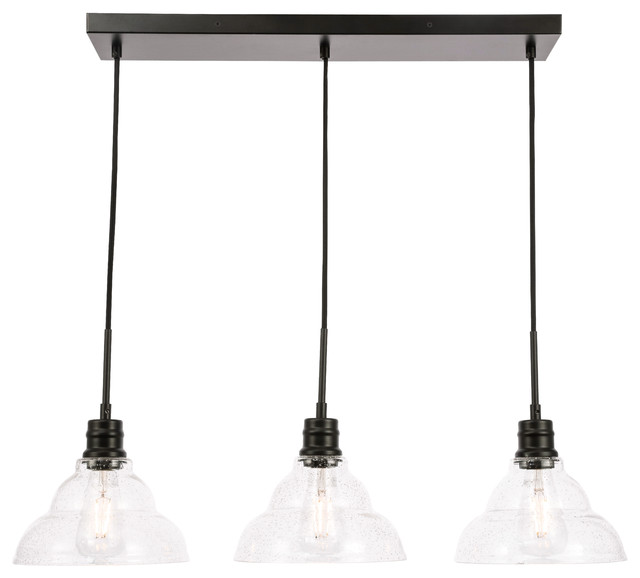 Black Finish And Clear Seeded Glass 3Light Pendant Transitional