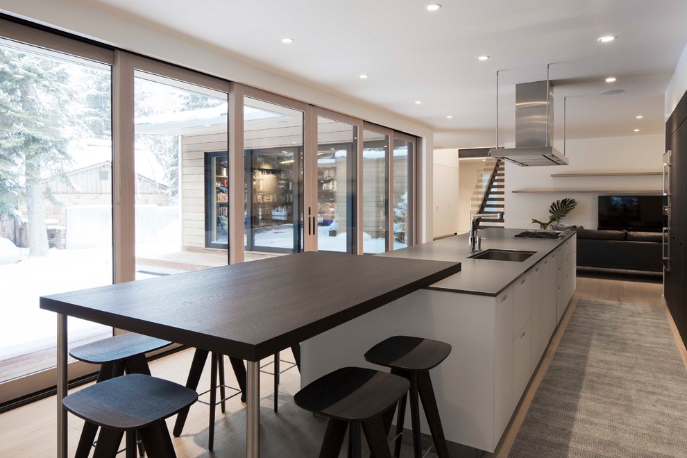 Inspiration for a mid-sized modern galley separate kitchen in Salt Lake City with an undermount sink, flat-panel cabinets, black cabinets, concrete benchtops, stainless steel appliances, light hardwood floors, multiple islands and brown floor.