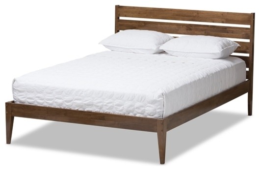Mid-Century Modern Solid Walnut Wood Slatted Headboard Full Size Platform Bed