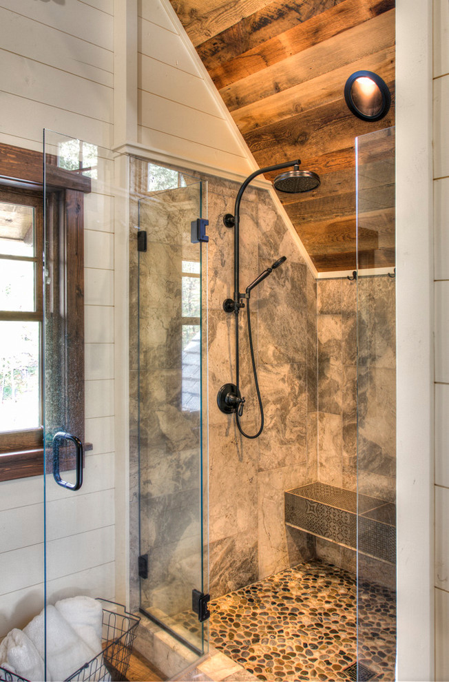 Inspiration for a large country 3/4 bathroom in Minneapolis with an alcove shower, beige tile, ceramic tile, white walls and a hinged shower door.