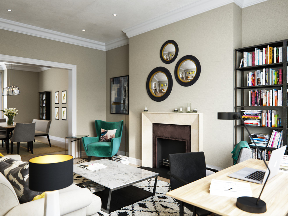 This is an example of a mid-sized transitional living room in London.