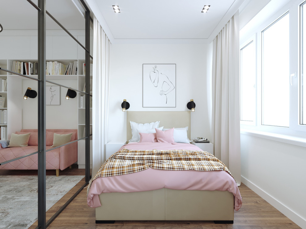 Свежая идея для дизайна: маленькая спальня в скандинавском стиле для на участке и в саду - отличное фото интерьера
