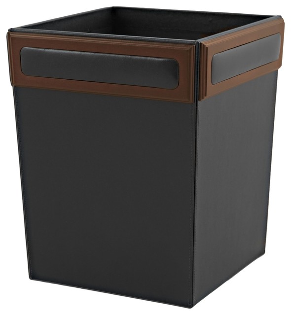 Wood And Leather Square Waste Basket A8403 By Decasso Traditional