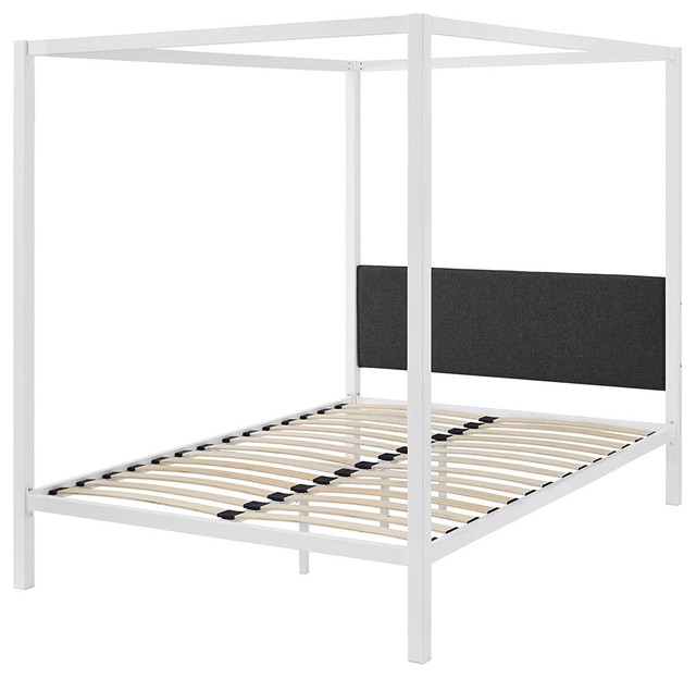 Queen Size White Metal Canopy Bed Frame, Asa Queen Size Iron Canopy Bed Frame With Upholstered Studded Headboard