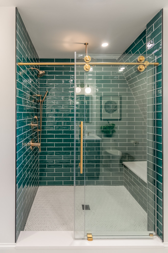 Inspiration for a medium sized traditional ensuite bathroom in Boston with shaker cabinets, grey cabinets, green tiles, porcelain tiles, solid surface worktops, white worktops, double sinks and a built in vanity unit.
