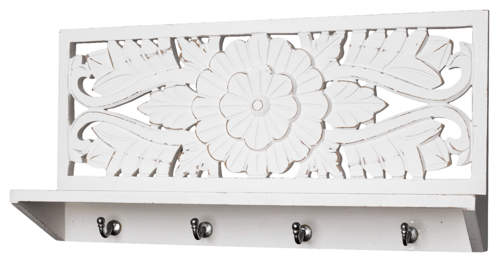 Wood Wall Shelf and Coat Rack, Decorative Antique Floral Wall Decor