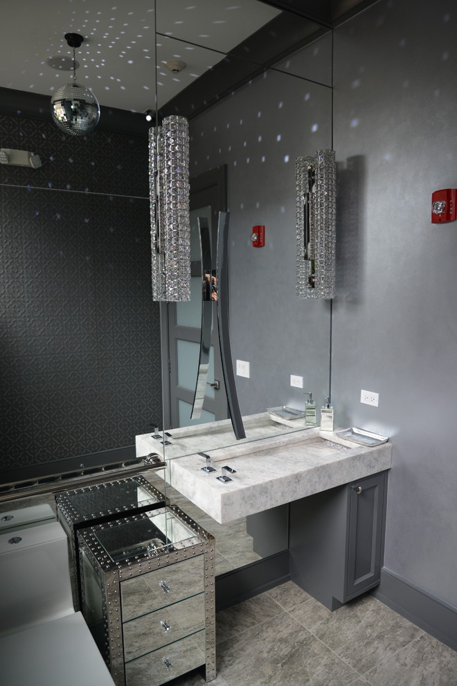 Bathroom - large transitional master white tile and ceramic tile ceramic tile bathroom idea in Chicago with recessed-panel cabinets, gray cabinets, a one-piece toilet, gray walls, a vessel sink and granite countertops