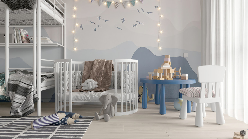 Пример оригинального дизайна: нейтральная детская среднего размера в современном стиле с спальным местом, белыми стенами, паркетным полом среднего тона и бежевым полом для ребенка от 1 до 3 лет, двоих детей