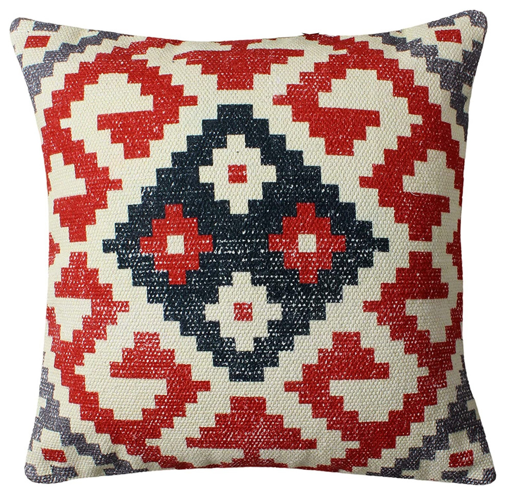 18 x 18 Vintage Kilim Print Cotton Accent Pillow, Red and White