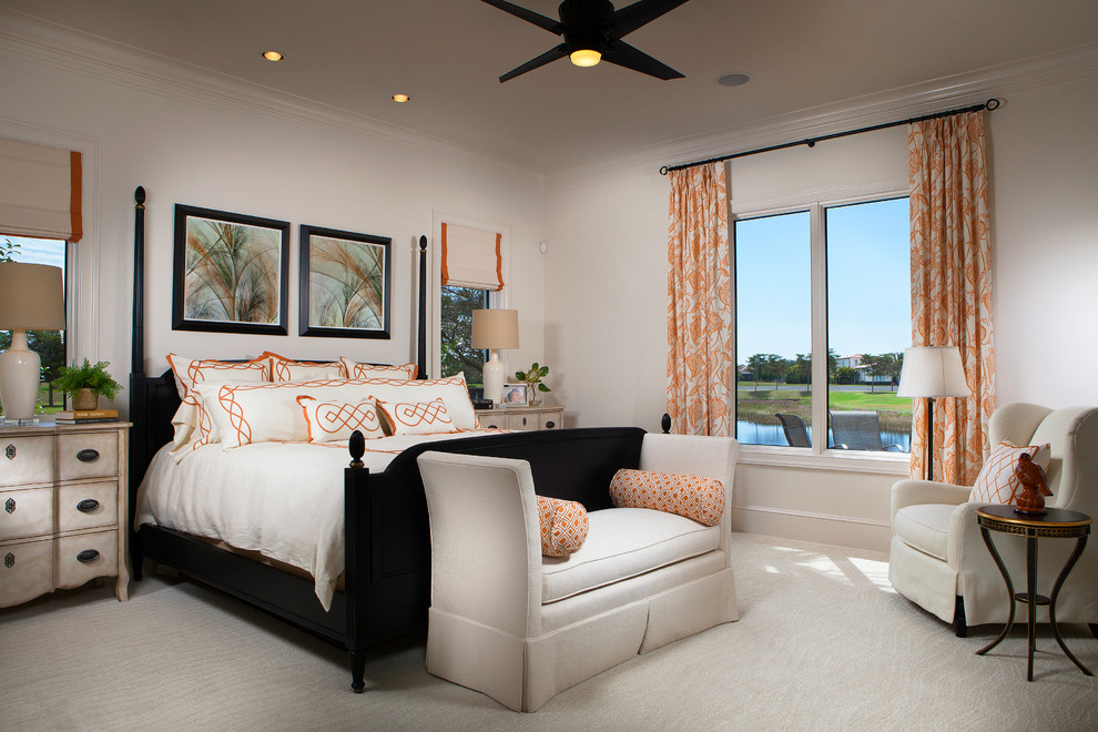Bedroom - mediterranean carpeted bedroom idea with beige walls and no fireplace