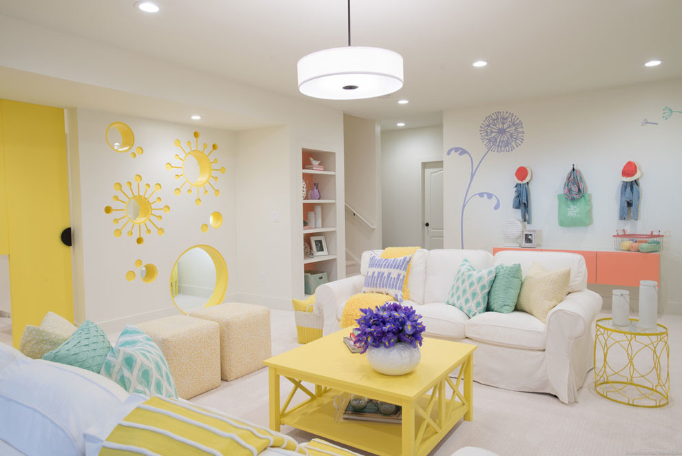 This is an example of a large eclectic kids' room in Atlanta with white walls, carpet and white floor.