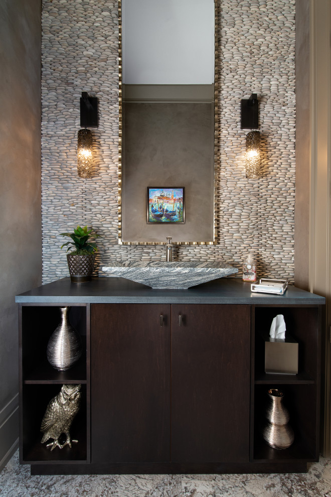 Inspiration for a cloakroom in Other with ceramic flooring, a freestanding vanity unit and a drop ceiling.