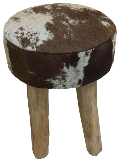 Ama Round Stool, Brown and White Cowhide