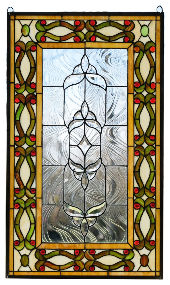 20.5"W x 34.5"H Handcrafted Jeweled Beveled stained glass window panel 