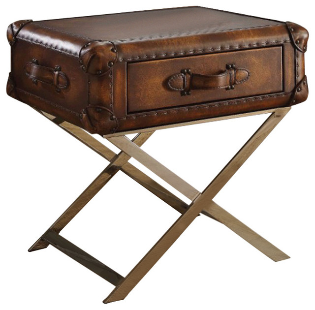 End Table, Vintage Mocha (Brown) Top Grain Leather Contemporary Side Tables And End Tables