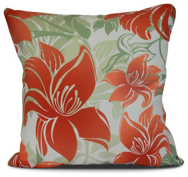 16x16", Tree Mallow, Floral Print Outdoor Pillow, Orange Contemporary