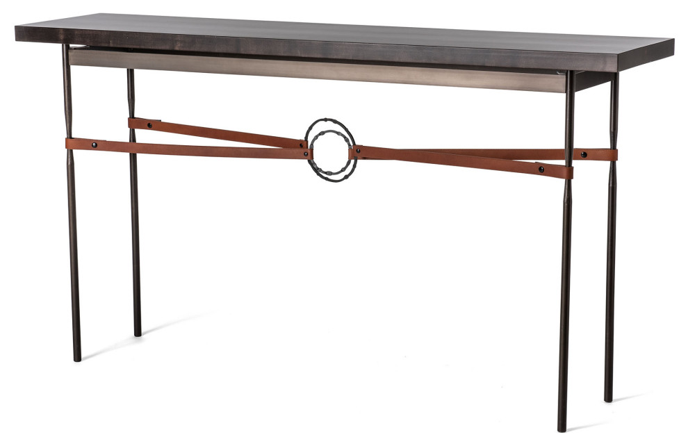 Equus Wood Top Console Table, Dark Smoke Finish, Chestnut Leather