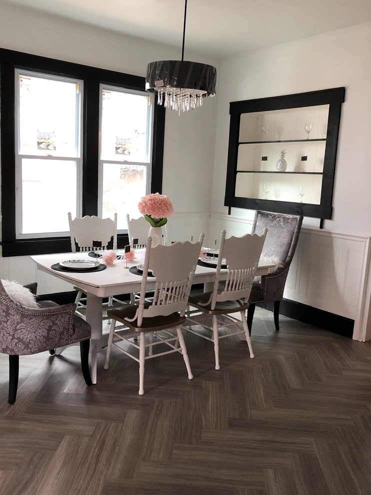 Enclosed dining room - mid-sized transitional vinyl floor and gray floor enclosed dining room idea with white walls