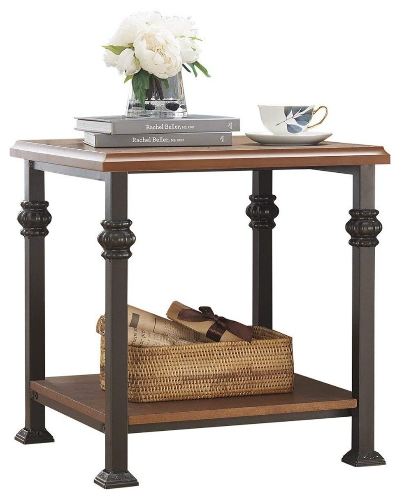 Wood And Iron Side End Table With Lower Shelve, Oak Brown Traditional