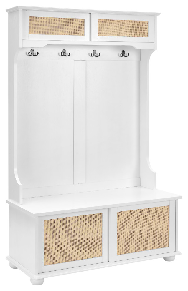 TATEUS Hall Tree Entryway Bench with Rattan Door Shelves and Shoe Cabinets, White