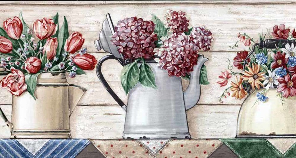 Teapots and Kettles With Flowers On Shelf Wallpaper Border, Village - Traditional - Wallpaper - by TGL Direct | Houzz Teapots and Kettles With Flowers On Shelf Wallpaper Border, Village - Traditional - Wallpaper - by TGL Direct | Houzz