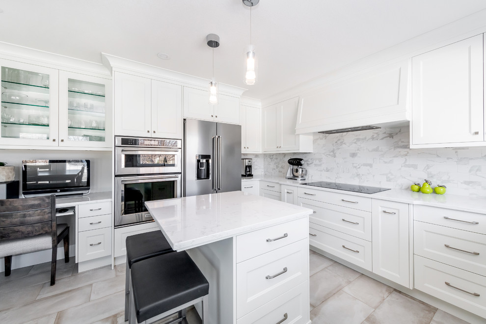 Eat-in kitchen - mid-sized transitional u-shaped porcelain tile and beige floor eat-in kitchen idea in Edmonton with a double-bowl sink, shaker cabinets, white cabinets, quartz countertops, multicolored backsplash, subway tile backsplash, stainless steel appliances, an island and white countertops