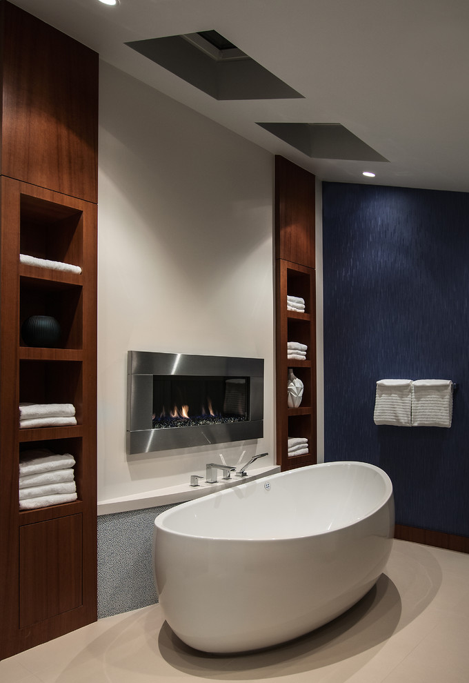 This is an example of a contemporary bathroom in Orange County with a freestanding tub.