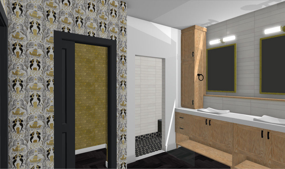Idées déco pour une grande salle de bain principale éclectique en bois clair avec un placard à porte shaker, une baignoire indépendante, une douche d'angle, un carrelage blanc, des carreaux de céramique, un sol en marbre, un lavabo encastré, un plan de toilette en surface solide, un sol noir, une cabine de douche à porte battante, un plan de toilette blanc, meuble double vasque et meuble-lavabo sur pied.