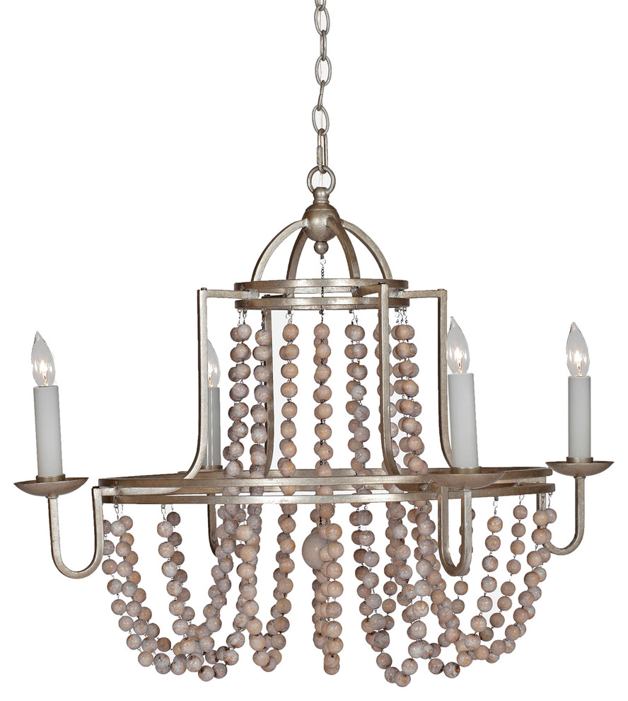 Sonya French Country Wood Beaded Swag Silver Leaf Chandelier