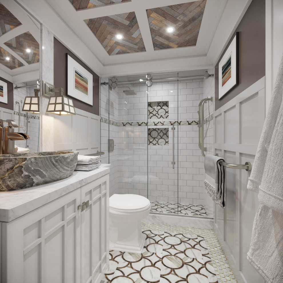 Design ideas for a mid-sized arts and crafts master bathroom in DC Metro with white cabinets, a two-piece toilet, white tile, wood-look tile, brown walls, marble floors, a vessel sink, marble benchtops, white floor, a sliding shower screen, white benchtops, a single vanity, a freestanding vanity, wood and decorative wall panelling.