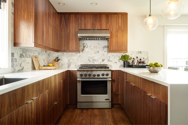 Handsome Wood And White Kitchens, Natural Wood Kitchen Cabinets With White Countertops
