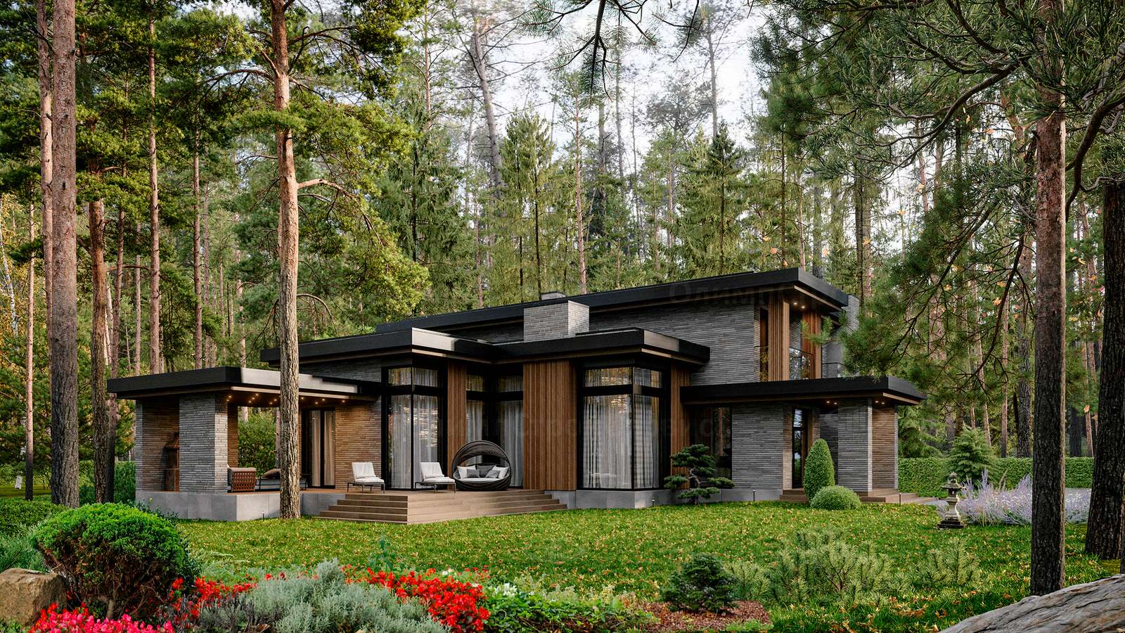 Двухэтажный дом в стиле Хай-Тек «Честер» с барбекю на террасе