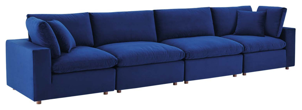 Commix Down Filled Overstuffed Performance Velvet 4-Seater Sofa, Navy