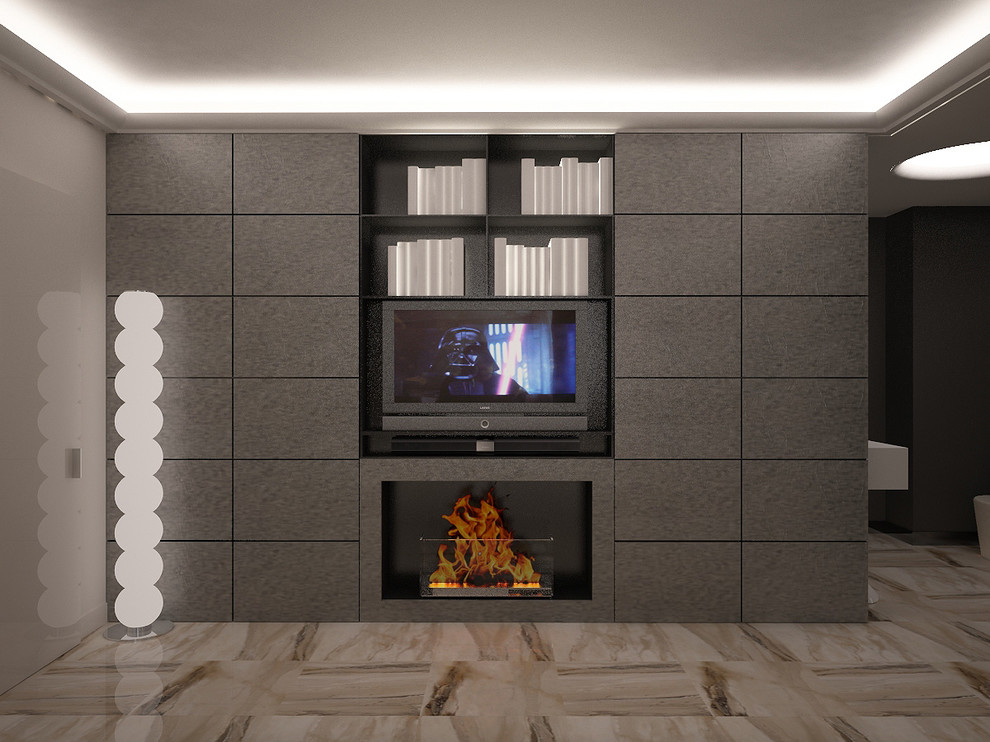 Стенка из керамогранита с камином (визуализация), ул. Столетова
