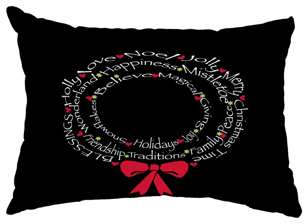 Wreath of Words 14"x20" Decorative Word Outdoor Pillow, Black