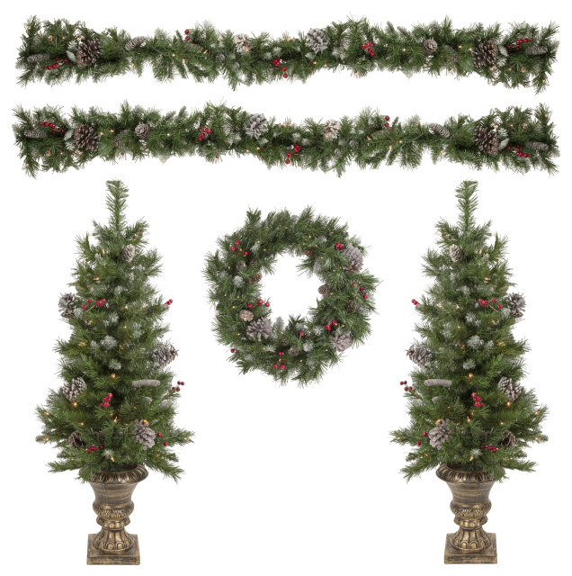 5Piece PreLit Norwich Pine Artificial Christmas Entryway Set Modern