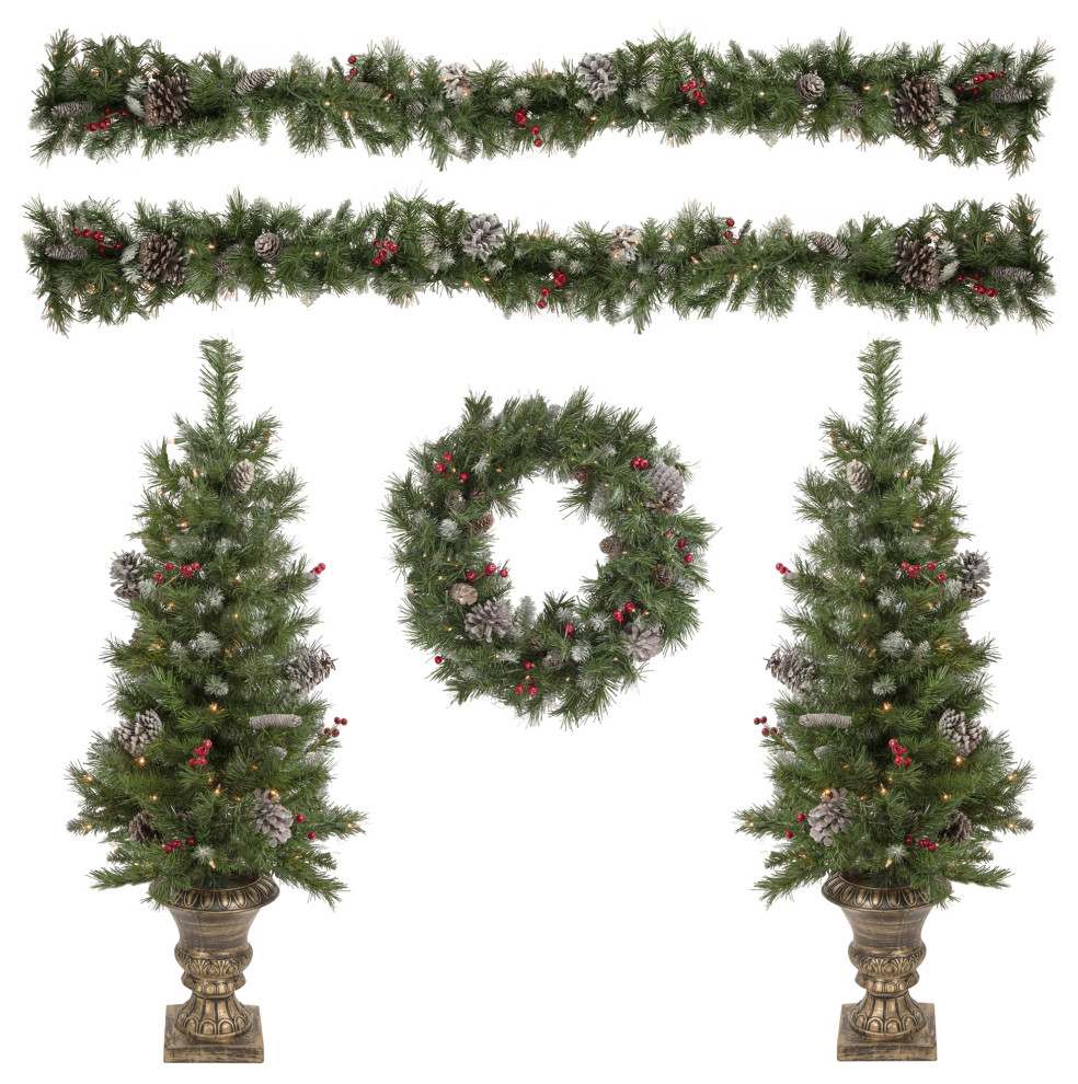 5Piece PreLit Norwich Pine Artificial Christmas Entryway Set Modern