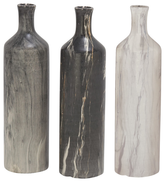 Tall Black White Gray Marble Ceramic Bottle Vases Set Of 3 X13 Each