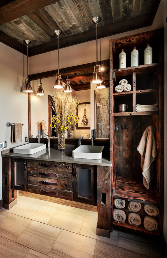 Inspiration for a country 3/4 bathroom in Minneapolis with open cabinets, distressed cabinets, a corner shower, a vessel sink and grey benchtops.