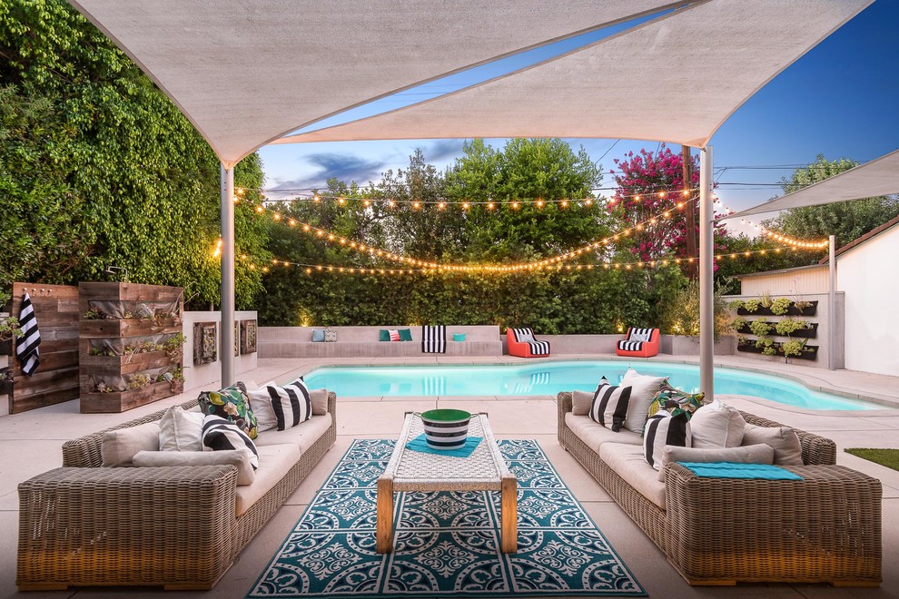 Design ideas for a contemporary backyard patio in Los Angeles with a container garden, concrete pavers and an awning.