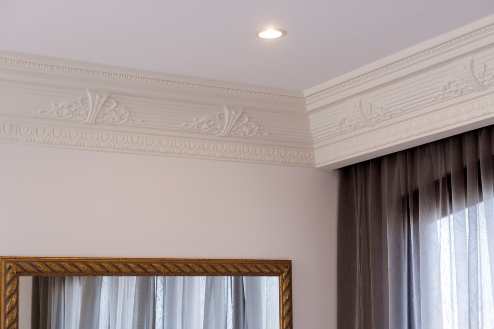 Inspiration for a large mediterranean formal open concept living room in Perth with white walls, marble floors, a stone fireplace surround and a built-in media wall.
