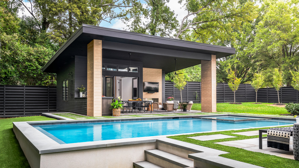 A cabana’s interior to open completely to the pool and patio, with ...