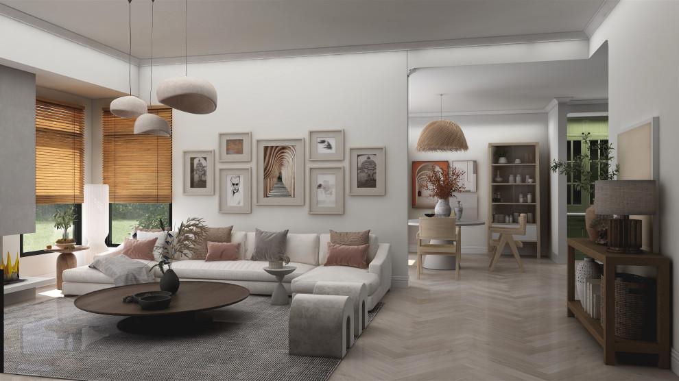 Mittelgroßes Shabby-Style Wohnzimmer im Loft-Stil mit weißer Wandfarbe, hellem Holzboden, Kamin, Kaminumrandung aus Beton, TV-Wand, beigem Boden und eingelassener Decke in New York
