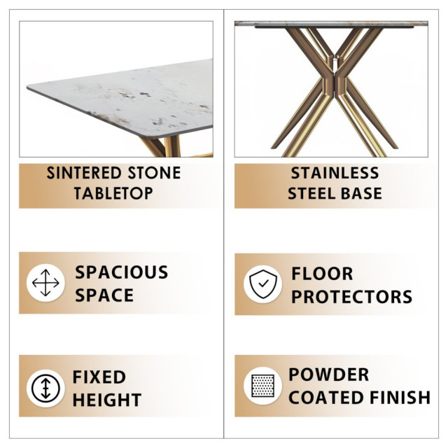Gold Stainless Steel Dining Table 55 With White Grey Sintered Stone Top ...