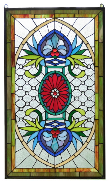 34" x 20" Home Decor Jeweled Handcrafted stained glass window panel Grape vine 