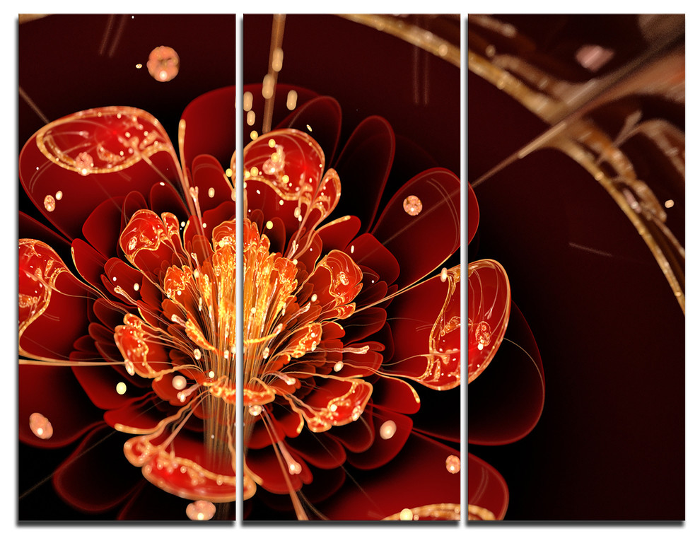 "Flower With Red, Golden Petals" Digital Wall Art, 3 Panels, 36"x28