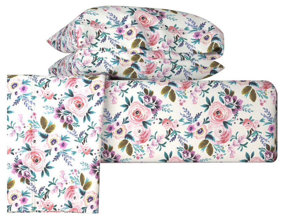 Victoria Floral Floral 4pc Cotton Sheet Set, Queen Contemporary