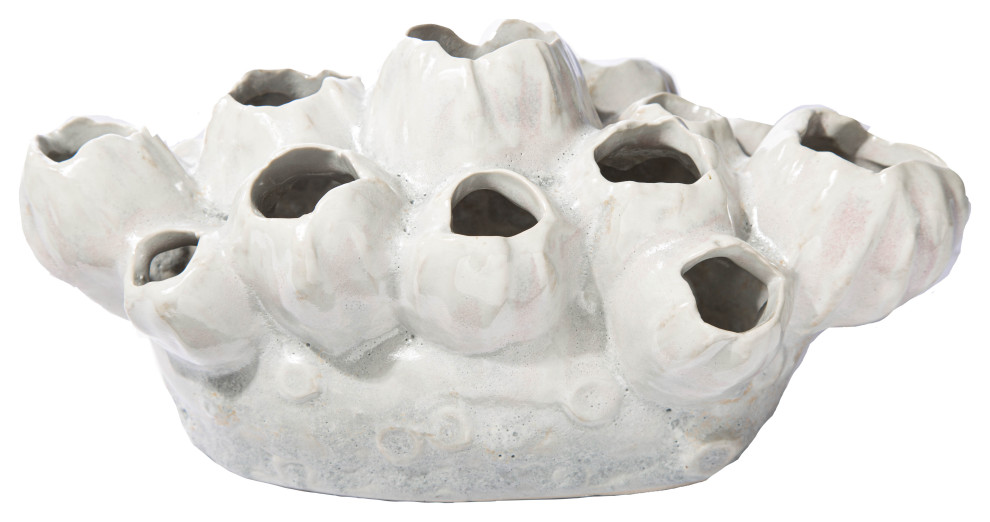 Ceramic Clustered Vase with Banded Bottom Distressed White Finish