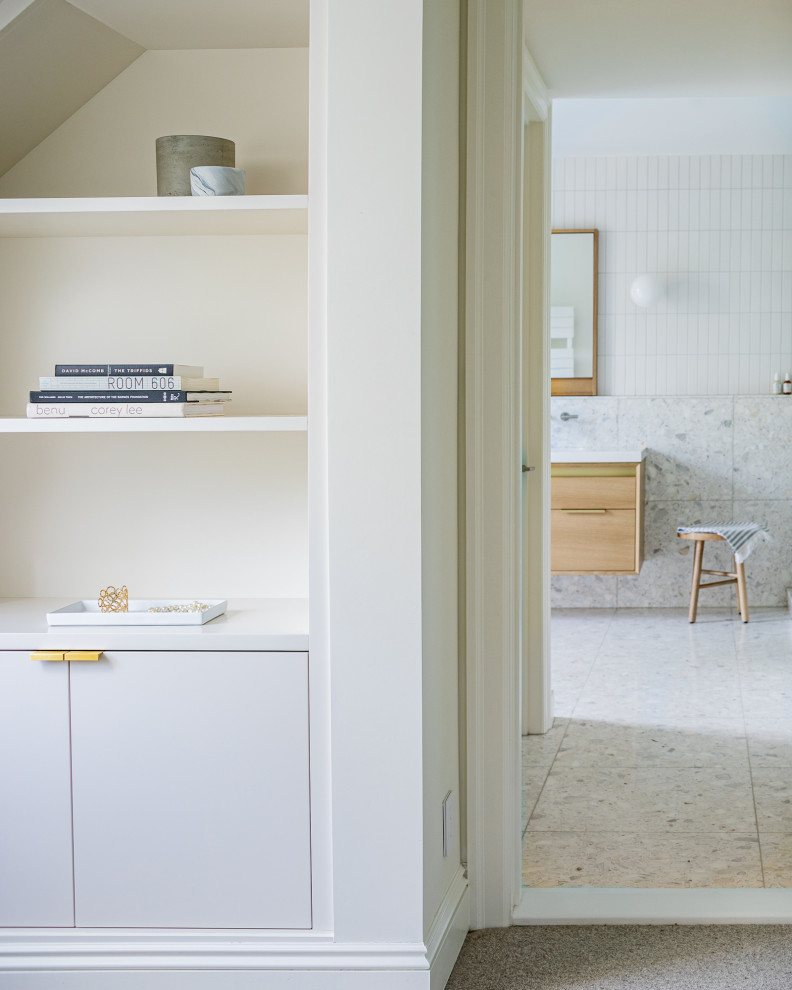 Large minimalist master white tile and ceramic tile terrazzo floor, gray floor and double-sink bathroom photo in Philadelphia with furniture-like cabinets, light wood cabinets, white walls, an undermount sink, quartz countertops, white countertops and a floating vanity