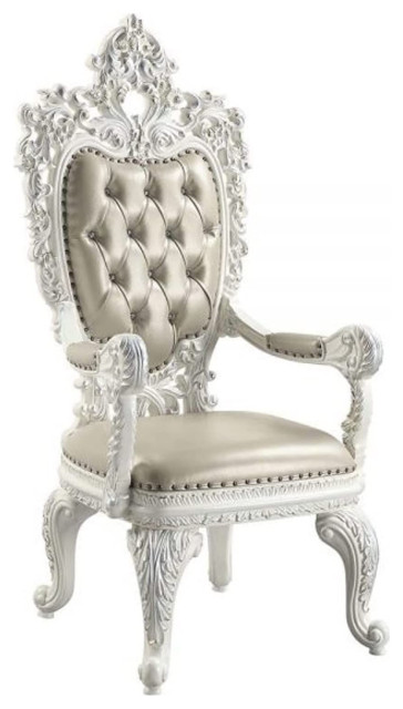 Arm Chair, Set of 2, Beige Pu and Antique White Finish, Vanaheim